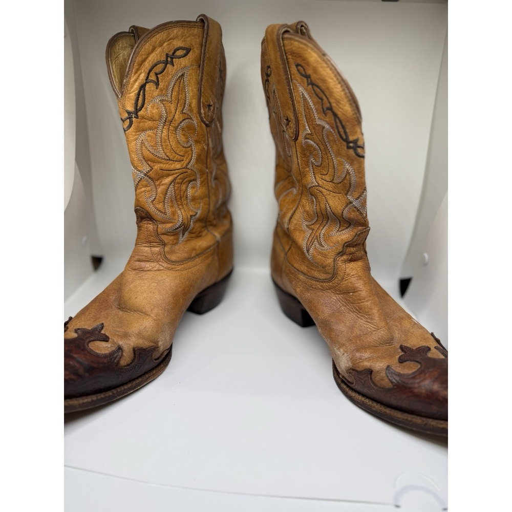 Tony Lama Vintage‎ Western Cowboy Boots Leather Cognac Tan Stitched 9.5B - Picture 6 of 9